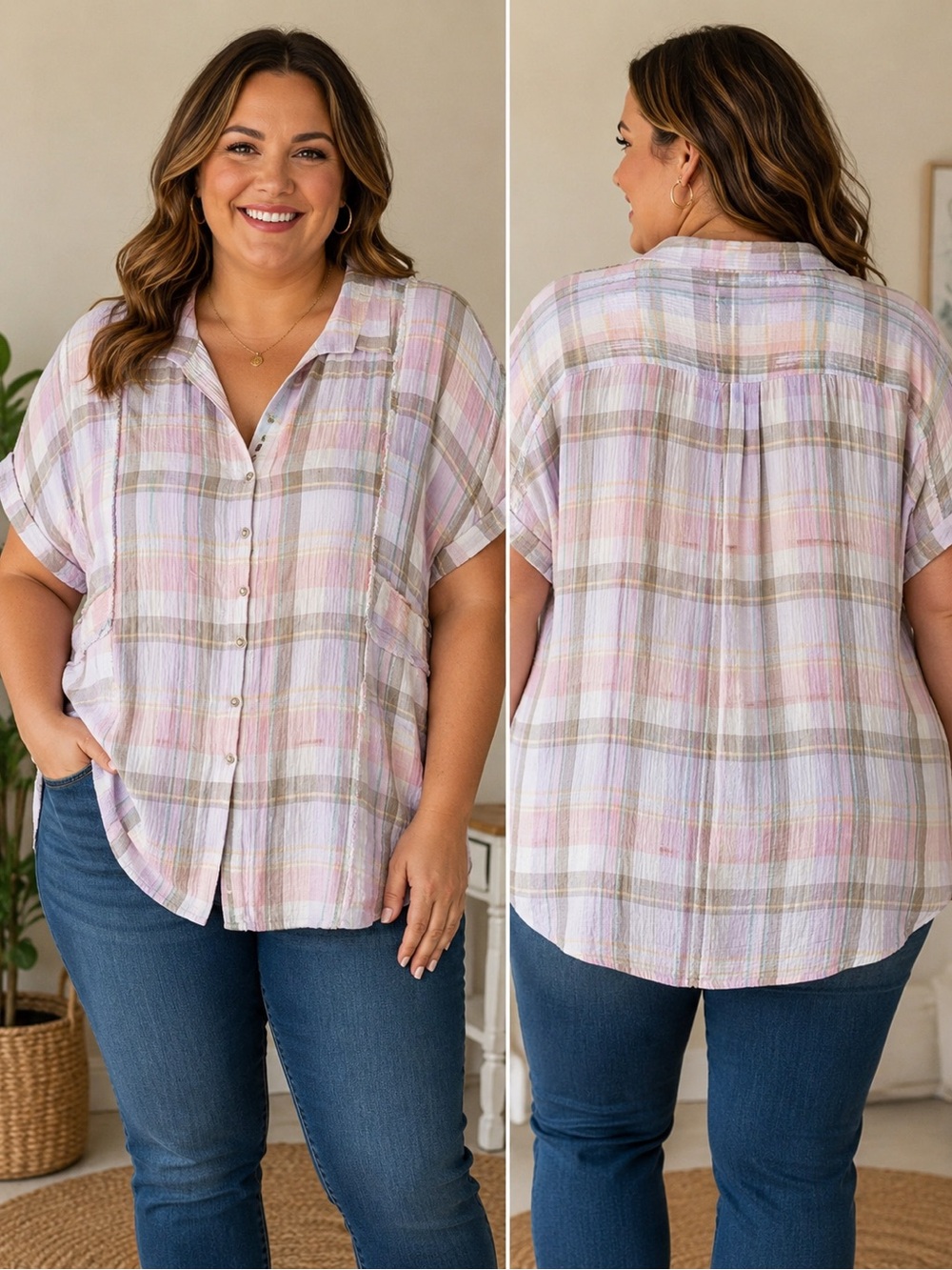 New Lucky Brand Pastel Plaid Short-Sleeve Button Down Shirt XXL